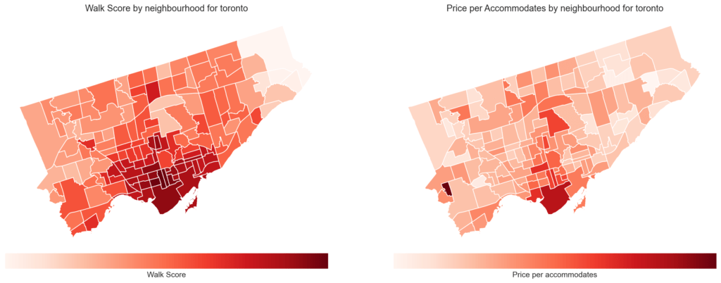 Map or Airbnb in Toronto showing price per accommodates and Walk Score
