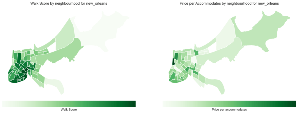 Map or Airbnb in New Orleans showing price per accommodates and Walk Score