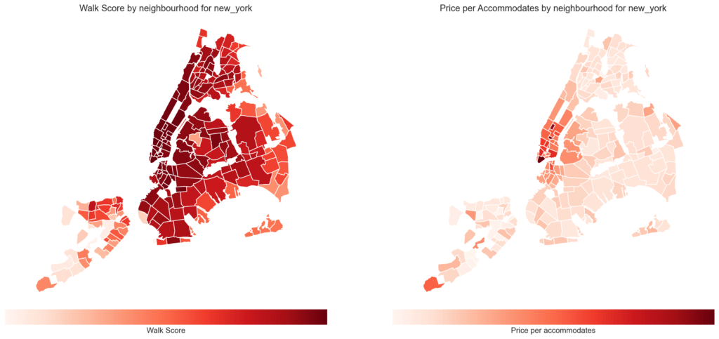 Map or Airbnb in New York showing price per accommodates and Walk Score